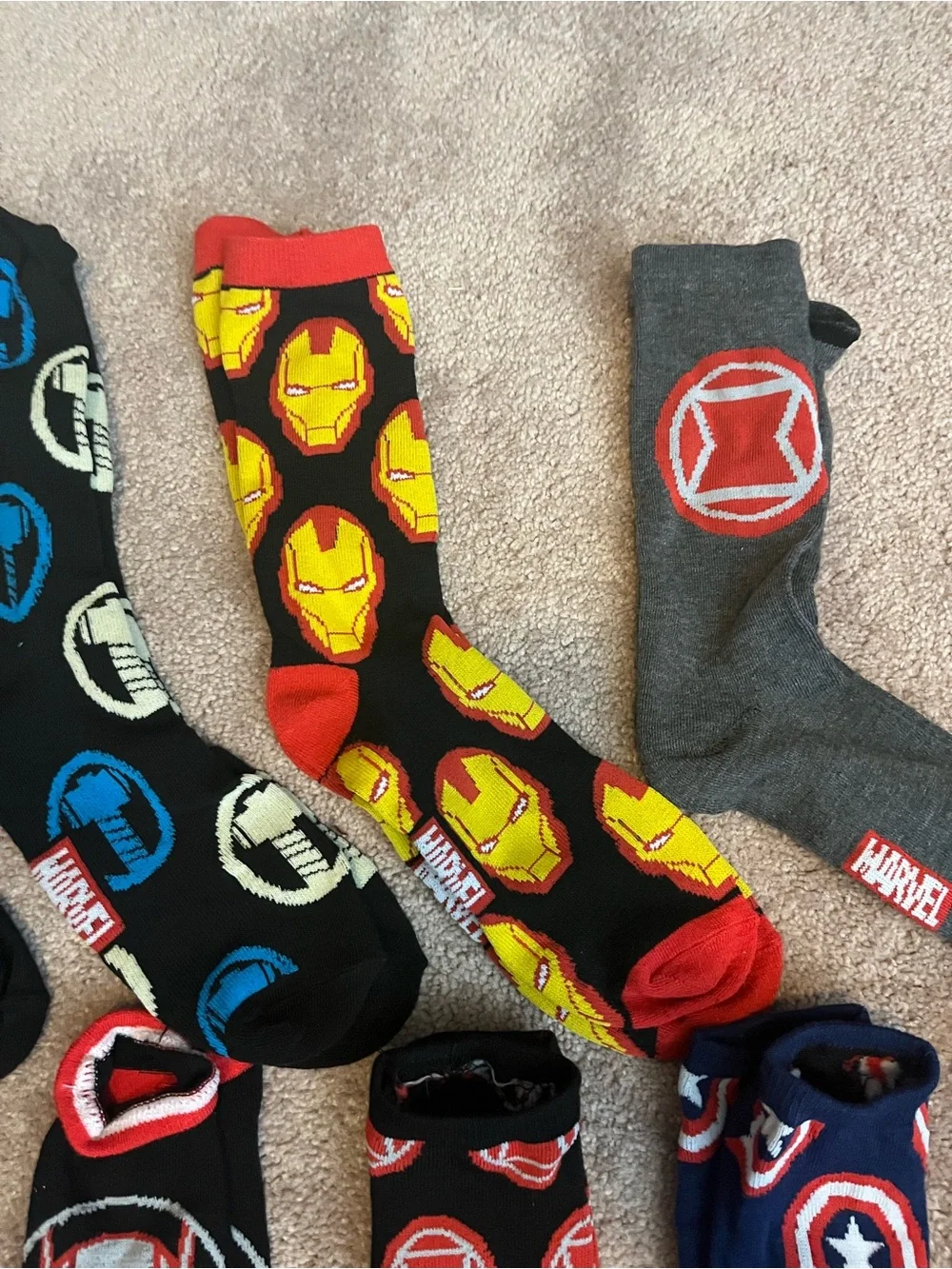 Marvel Men's Crew Socks Pack - Red, Yellow, Blue, Black, Gray, Purple, Green